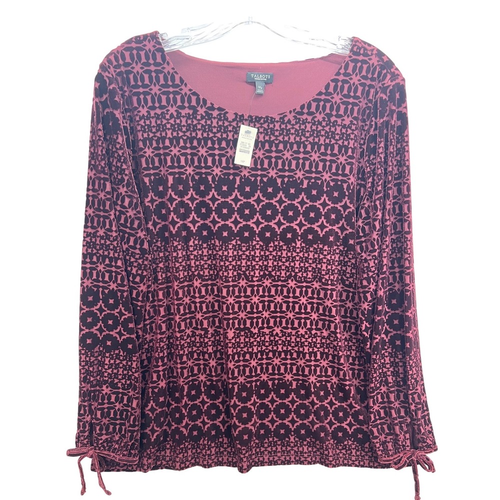Talbots Woman Petites Burgundy Burnout Velvet Tie Cuff Top 1XP NWT